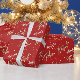Feliz Natal Golden Script Custom Name Red Gift Wrapping Paper