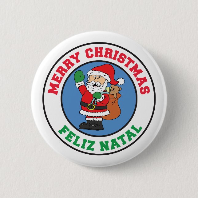 Feliz Natal Merry Christmas Santa 2 Inch Round Button (Front)