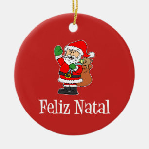 Feliz Natal Portuguese Christmas Santa (RED) Ceramic Ornament