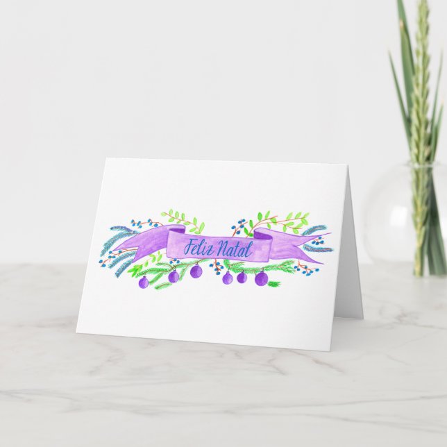 Feliz Natal, watercolor Christmas banner Holiday Card (Front)