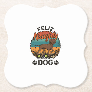 Feliz Naughty Dog Brown Retro Sun Paw Prints Paper Coaster