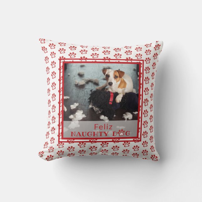 Feliz Naughty Dog Red Paw Pattern Pet Photo  Throw Pillow (Front)