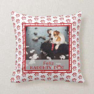 Feliz Naughty Dog Red Paw Pattern Pet Photo  Throw Pillow