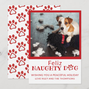Feliz Naughty Dog Red Paw Prints Pet Photo Holiday Card