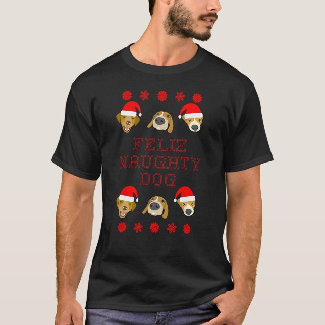 Feliz Naughty Dog Ugly Christmas Sweater-Style T-Shirt