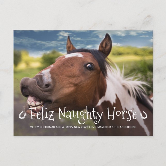 Feliz Naughty Horse Funny Personalized Pet Photo Holiday Postcard (Front)
