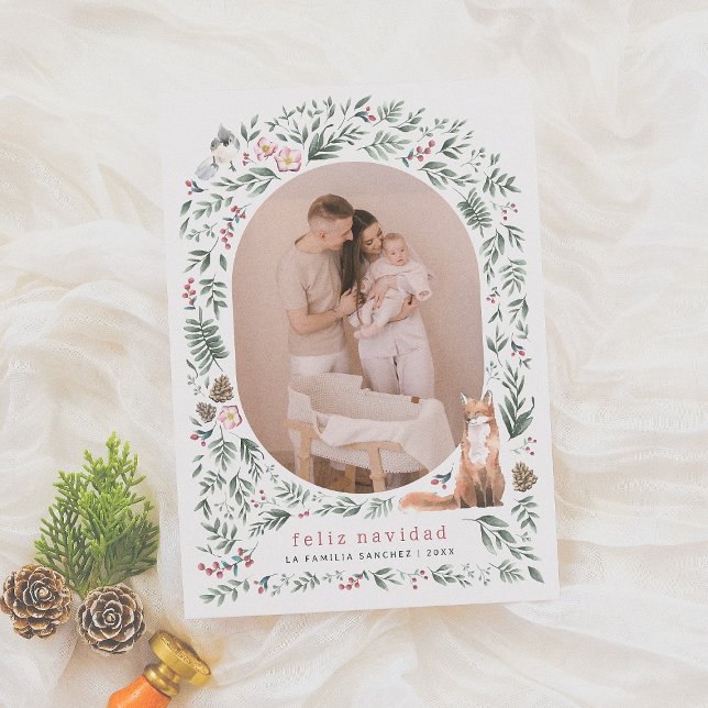Feliz Navidad | Arco de Acuarela Botánica con Foto Holiday Card (Creator Uploaded)