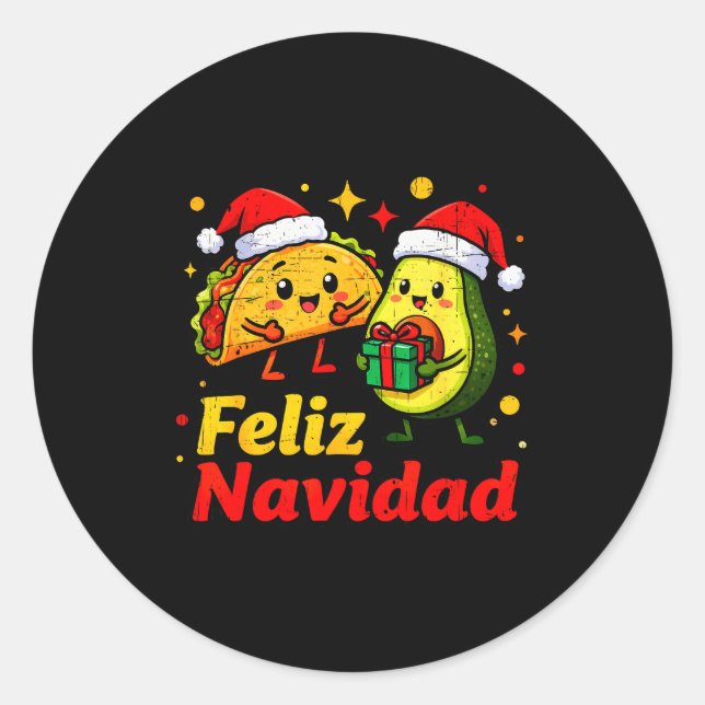 Feliz Navidad Avocado Tacos Mexican Xmas Family Ma Classic Round Sticker (Front)