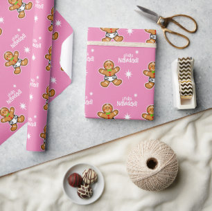 ¡Feliz Navidad! Baby Gingerbread on Pink-Editable Wrapping Paper