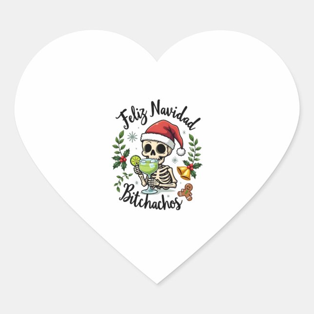 Feliz Navidad Bitchachos Funny Skull Spanish Merry Heart Sticker (Front)