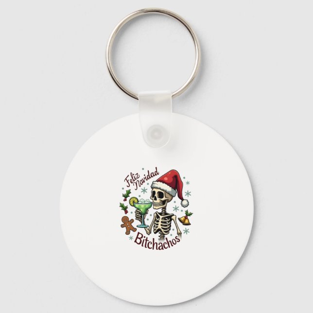 Feliz Navidad Bitchachos Funny Skull Spanish Merry Keychain (Front)