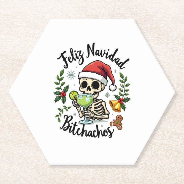 Feliz Navidad Bitchachos Funny Skull Spanish Merry Paper Coaster (Front)