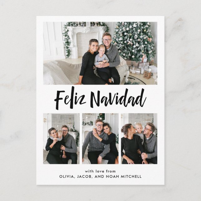 Feliz Navidad | Black and White Multi Photo Grid Holiday Postcard (Front)