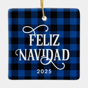Feliz Navidad Blue Buffalo Plaid Family Photo Ceramic Ornament