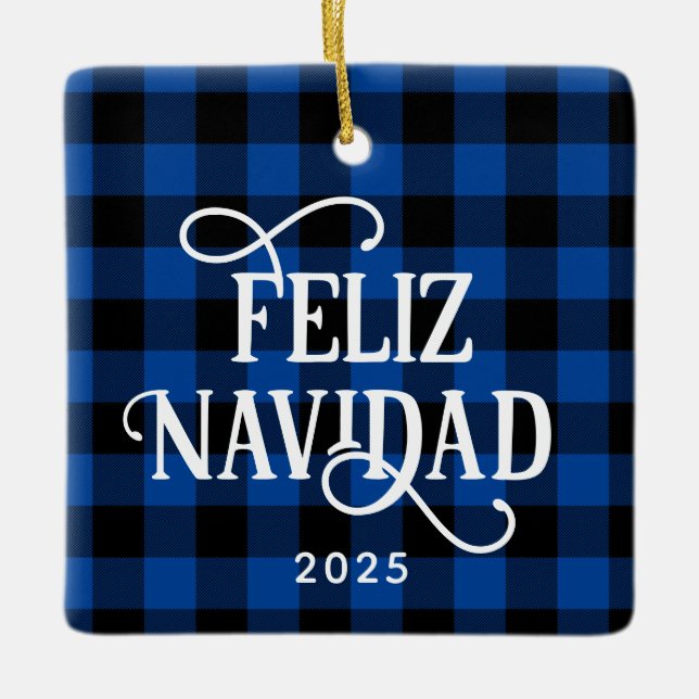 Feliz Navidad Blue Buffalo Plaid Family Photo Ceramic Ornament (Front)