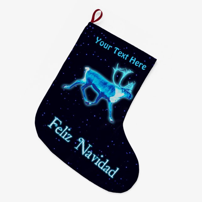 Feliz Navidad - Blue Caribou (Reindeer) Large Christmas Stocking (Front (Hanging))