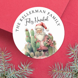 Feliz Navidad Cactus Santa Christmas Classic Round Sticker
