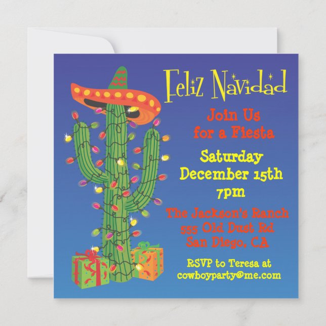 Feliz Navidad Cactus with Sombero Christmas Invitation (Back)