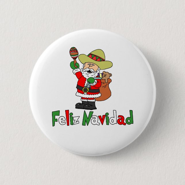 Feliz Navidad Cartoon Santa Sombrero Maracas 2 Inch Round Button (Front)