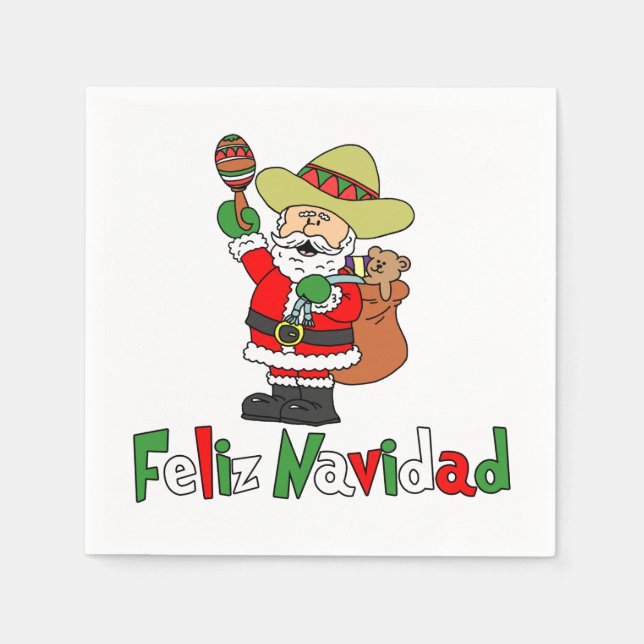 Feliz Navidad Cartoon Santa Sombrero Maracas Napkin (Front)