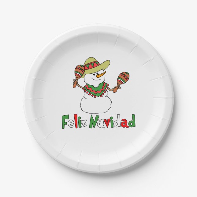 Feliz Navidad Cartoon Snowman Sombrero Maracas Paper Plate (Front)