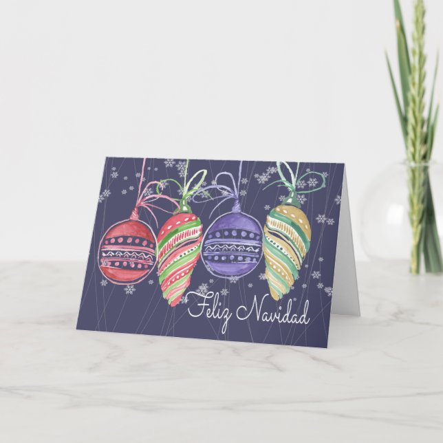 Feliz Navidad Christmas Baubles Watercolor Holiday Card (Front)