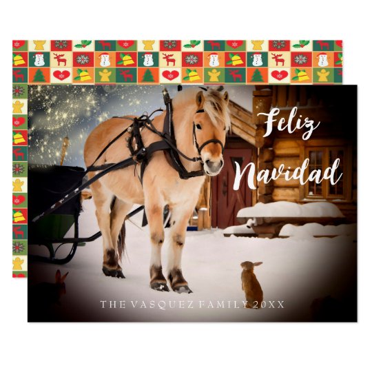 Feliz Navidad Christmas card night farm with horse