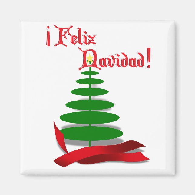 Feliz Navidad - Christmas Tree with Red Ribbon Magnet (Front)