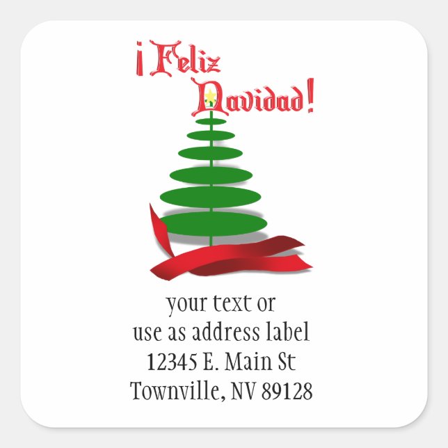 Feliz Navidad - Christmas Tree with Red Ribbon Square Sticker (Front)