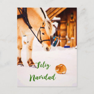 Feliz Navidad Christmas with farm animals in snow Holiday Postcard