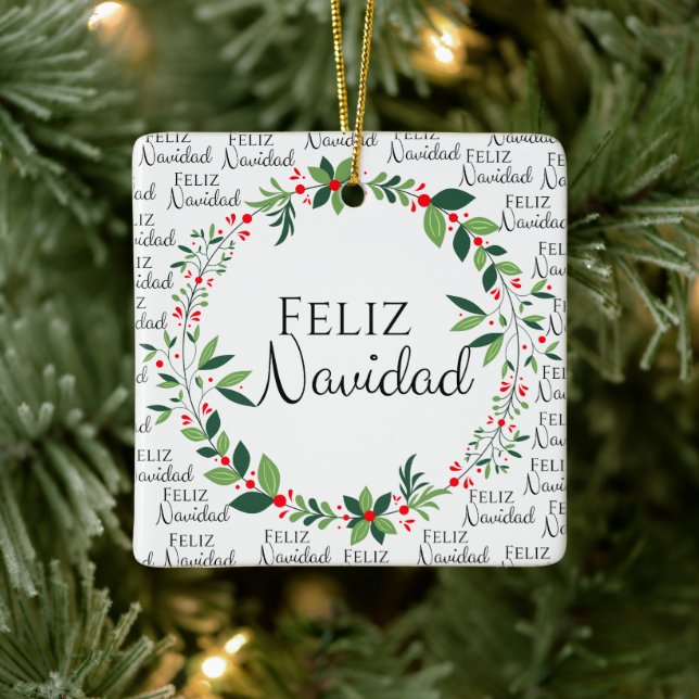 Feliz Navidad Christmas Wreath Ceramic Ornament (Tree)