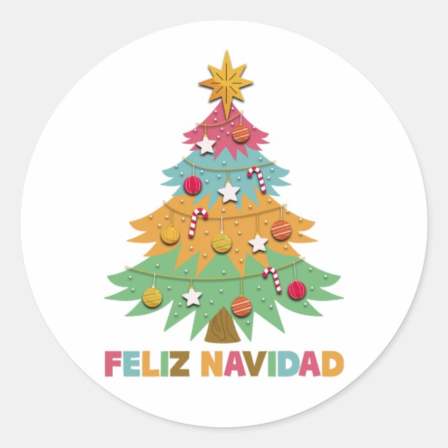 Feliz Navidad Colourful Xmas Tree Spanish Christma Classic Round Sticker (Front)