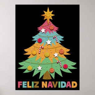 Feliz Navidad Colourful Xmas Tree Spanish Christma Poster