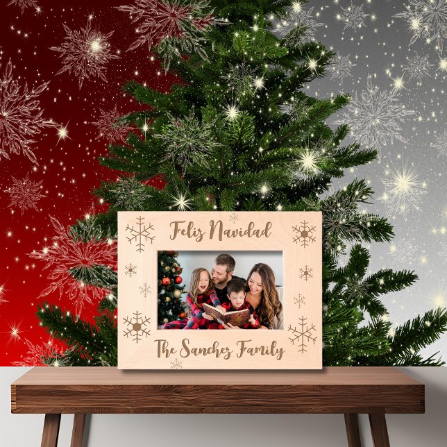 Feliz Navidad & Custom Family Name & Snowfalkes Etched Frames (Wooden photo Frame Spanish Christmas Feliz Navidad, custom text & Family Name snowflakes.)
