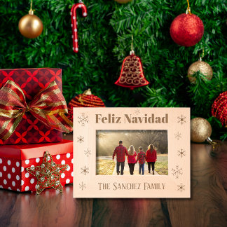 Feliz Navidad, Custom Family Name with Snowflakes Etched Frames