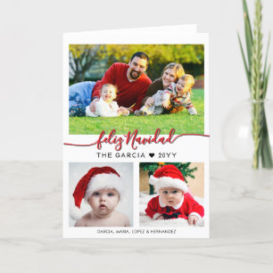 Feliz Navidad Custom Three Family Photo  Holiday Card