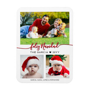 Feliz Navidad Custom Three Family Photo Magnet