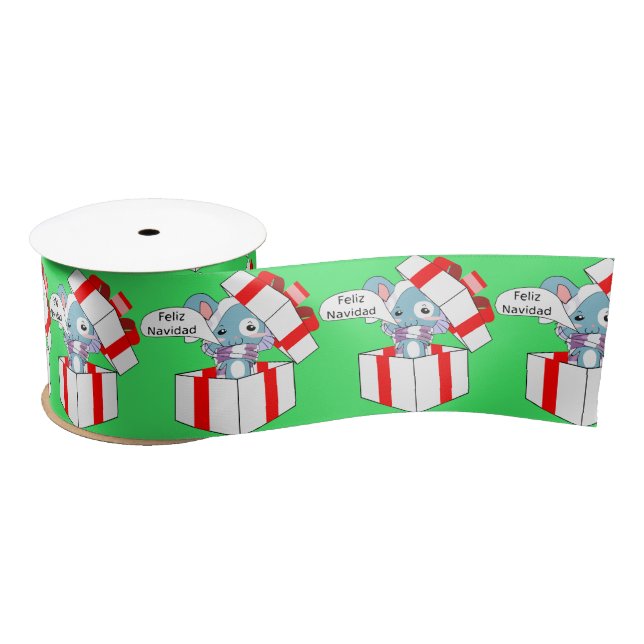 Feliz Navidad Cute Bunny in Red White Gift Box Satin Ribbon (Spool)