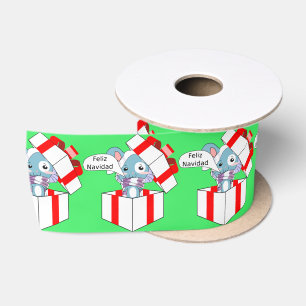 Feliz Navidad Cute Christmas Mouse in Gift Box Satin Ribbon