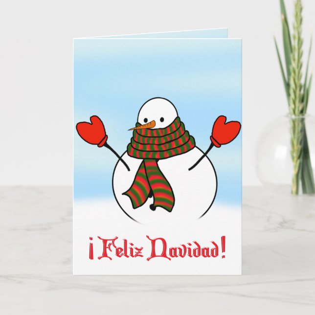 Feliz Navidad - Cute Snowman With Extra Long Scarf Holiday Card (Front)