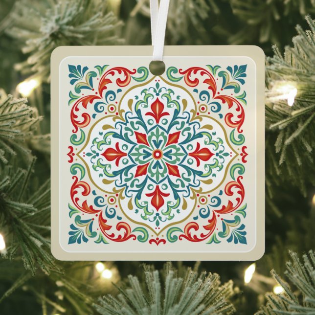 Feliz Navidad Decorative Mexican Tile Christmas Metal Ornament (Insitu)