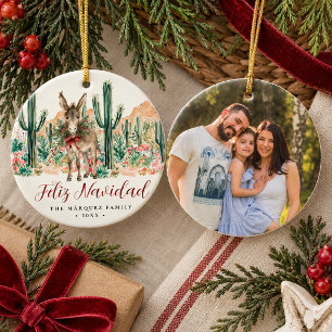 Feliz Navidad Donkey Family Photo Ornament