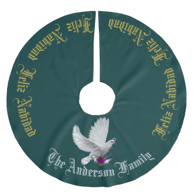 Feliz Navidad Dove YOUR FAMILY NAME Tree Skirt (Front)