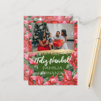 Feliz Navidad Family Photo Watercolor Poinsettia Holiday Postcard