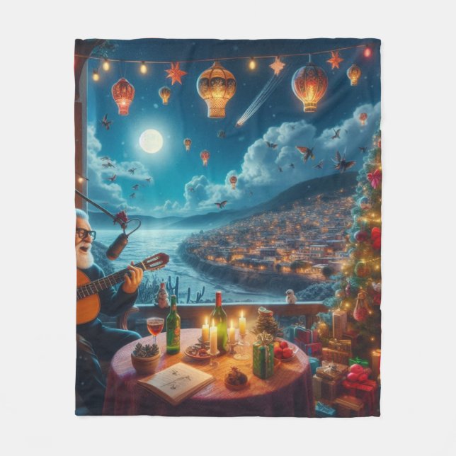 Feliz Navidad Festive Guitar Player Coastal Town Fleece Blanket (Front)