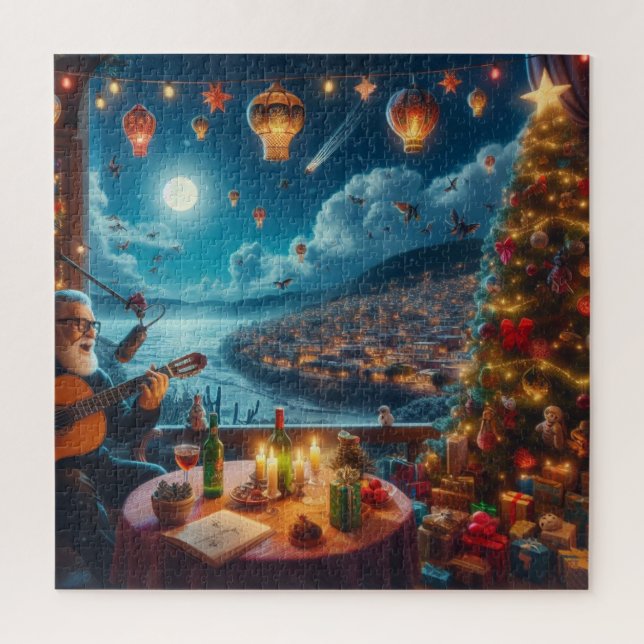 Feliz Navidad Festive Guitar Player Coastal Town Jigsaw Puzzle (Vertical)