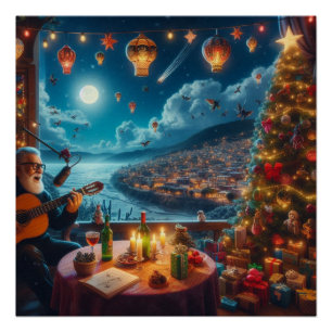 Feliz Navidad Festive Guitar Player Coastal Town Poster