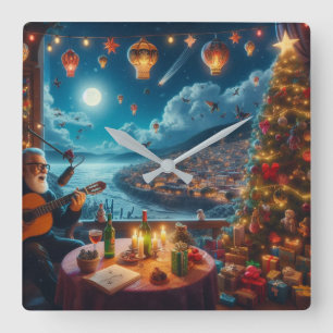 Feliz Navidad Festive Guitar Player Coastal Town Square Wall Clock