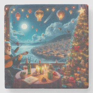 Feliz Navidad Festive Guitar Player Coastal Town Stone Coaster