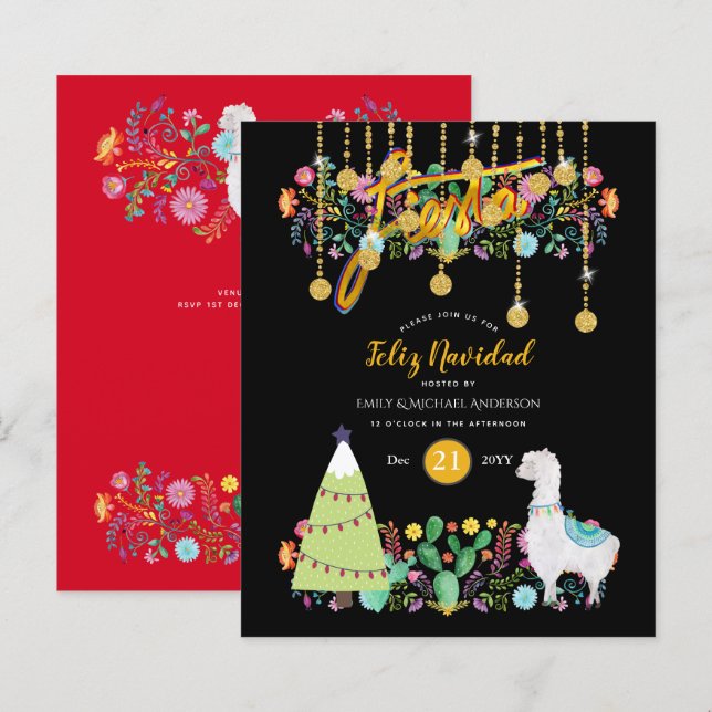 Feliz Navidad Fiesta Invitation Folk Flower BUDGET (Front/Back)